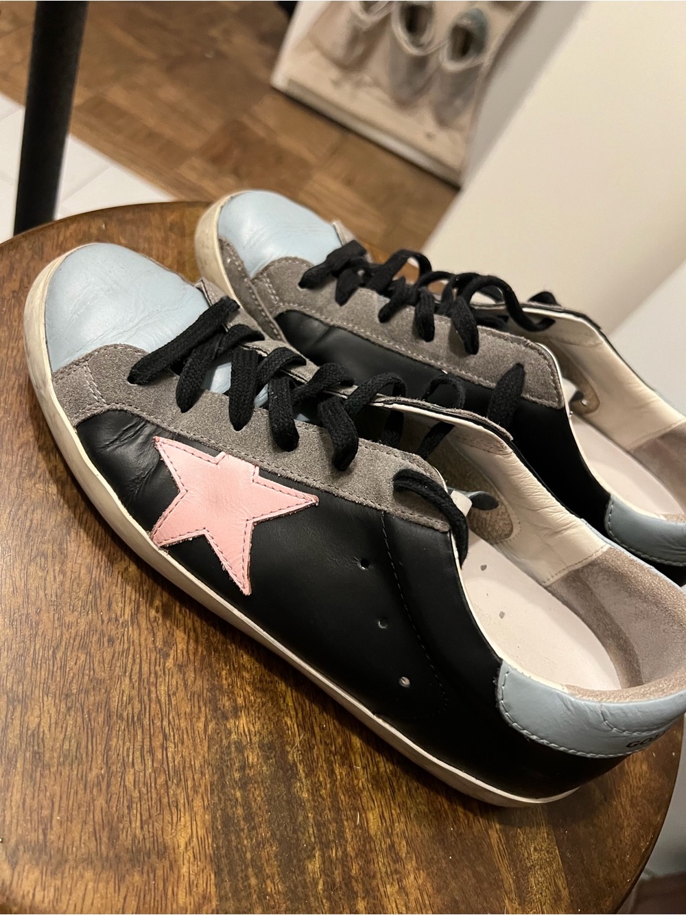 Golden Goose Black Leather Sneakers with Pink Star and Light Blue Accents 40